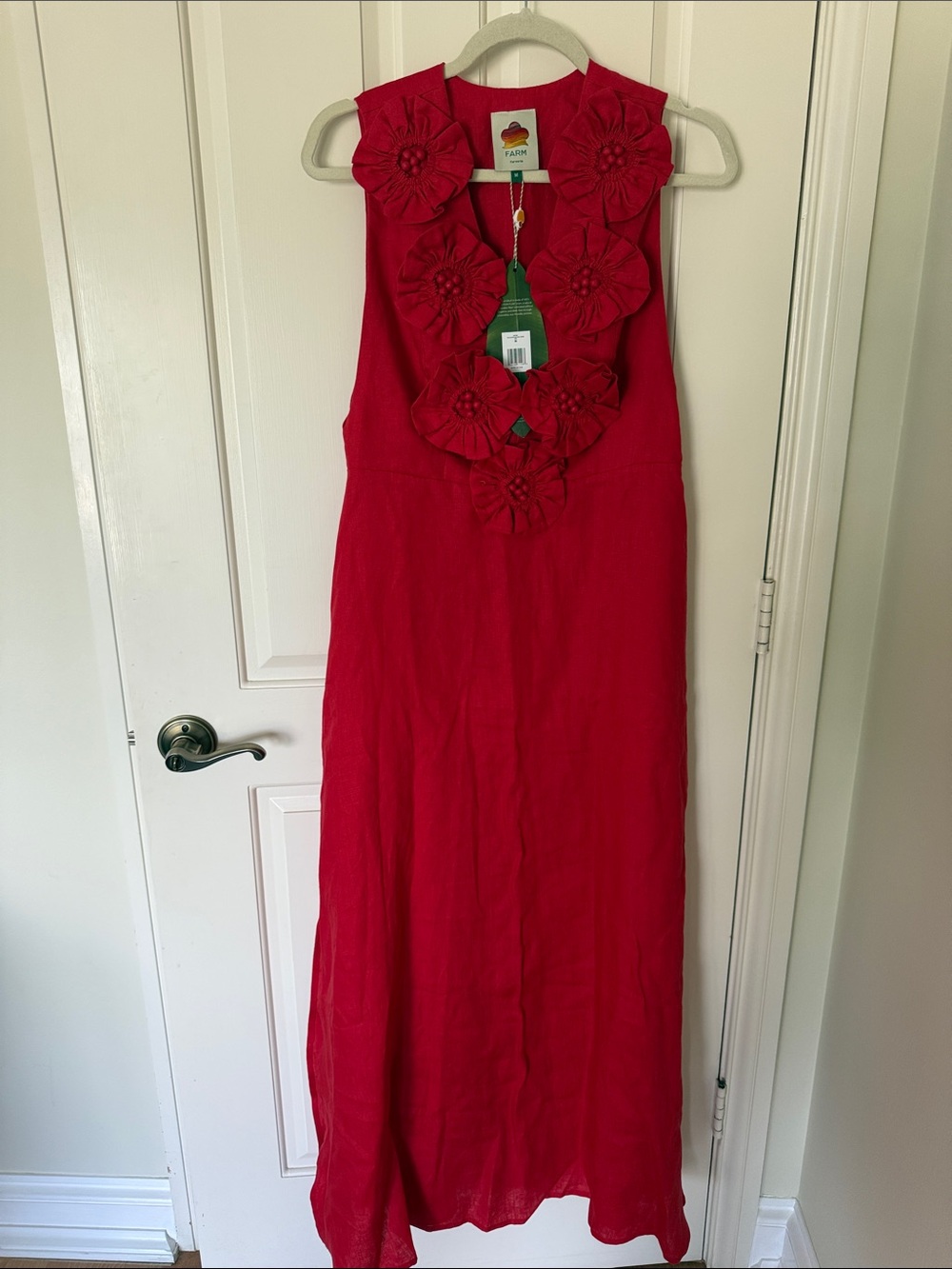 FARM Rio Red Sleeveless Maxi Dress with Floral Rosette Trim LINEN